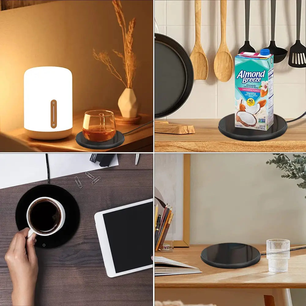 USB mug warmer on office desk, keeping tea warm