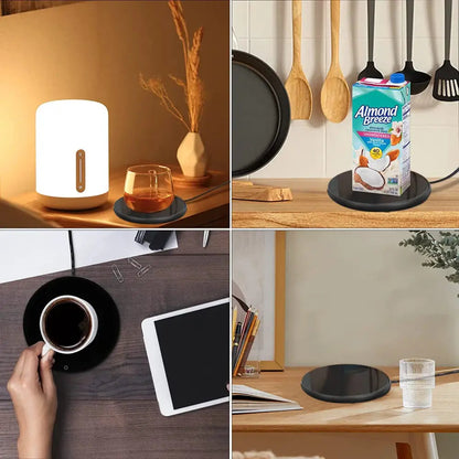 USB mug warmer on office desk, keeping tea warm