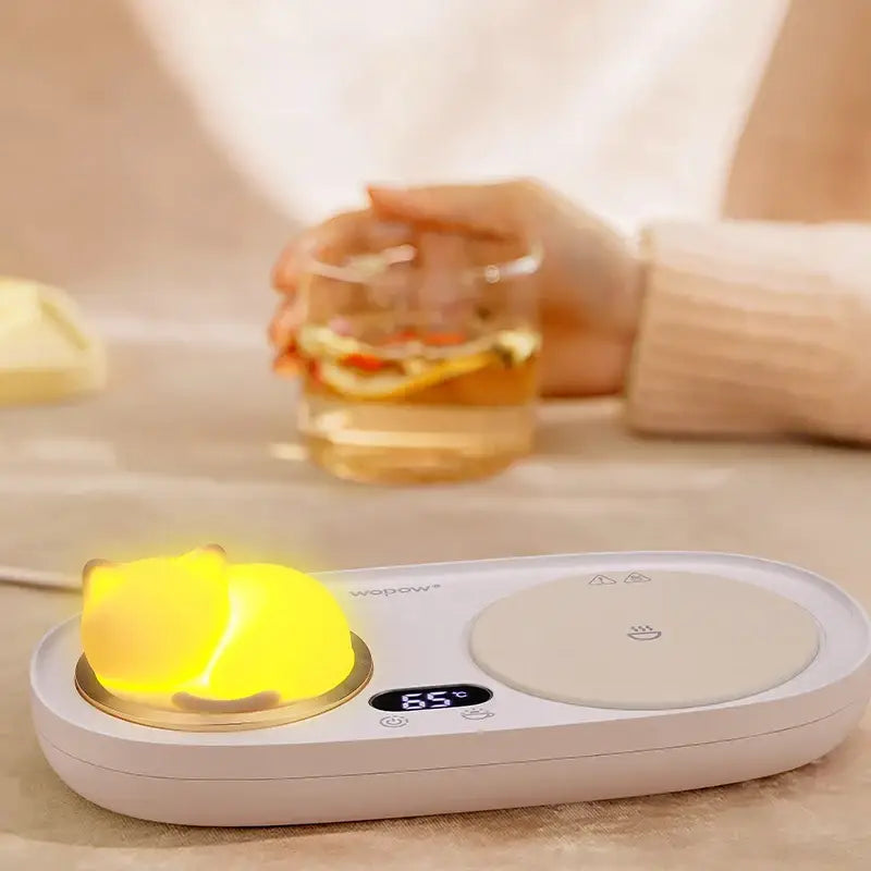 USB tea warmer with night light on desk