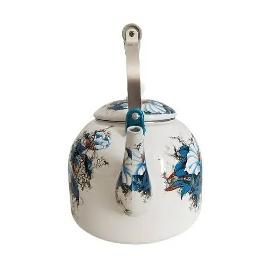 Front view of large porcelain teapot with floral design