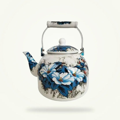 Vintage Blue Floral Porcelain Teapot with Whistle, 5L, product photo on a plain background