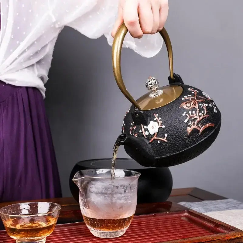 Induction compatible cast iron teapot, side view