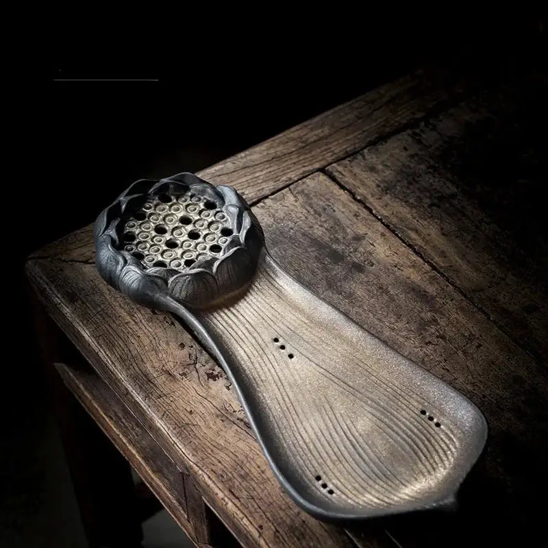 Vintage ceramic tea tray on wooden table