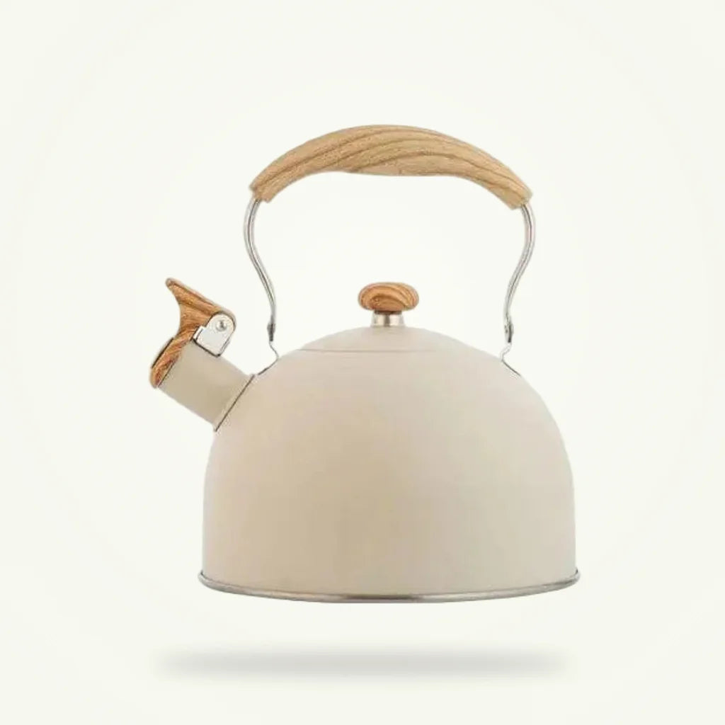 Vintage Cream Beige Whistling Tea Kettle for Stove, 2.5L, product photo on a plain background