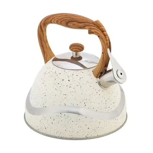 Vintage cream white whistling tea kettle with wooden handle