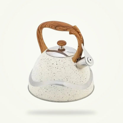 Vintage Cream White Whistling Tea Kettle with Wood Handle, product photo on a plain background