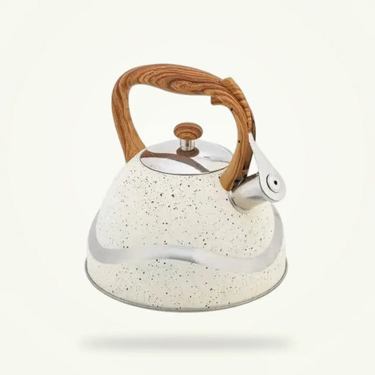 Vintage Cream White Whistling Tea Kettle with Wood Handle, product photo on a plain background