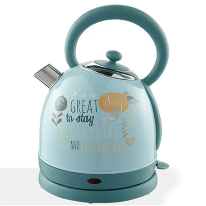 Vintage style electric teapot in retro blue with stainless steel body, front view