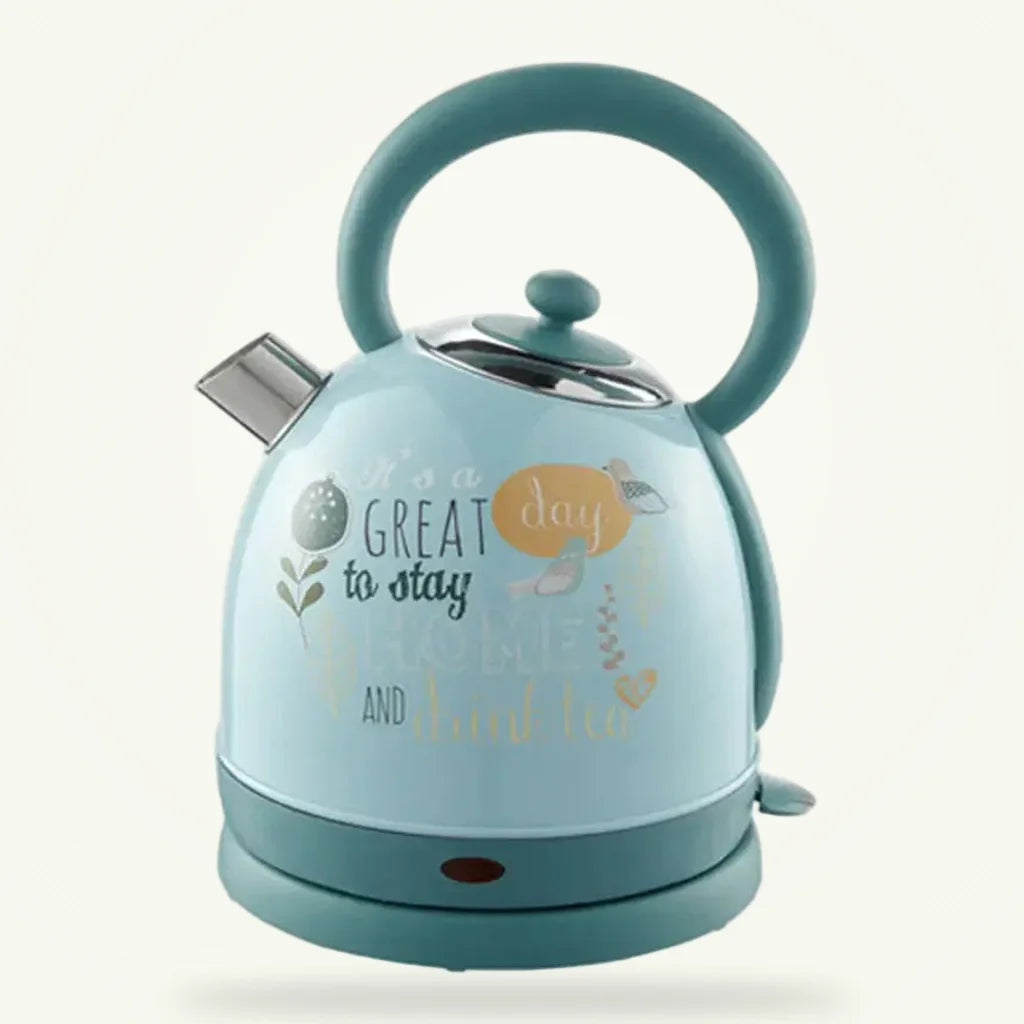 Vintage electric teapot 1.7L stainless steel with temperature control, packshot on plain background