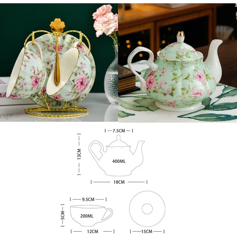 Complete vintage porcelain tea set with gold stand