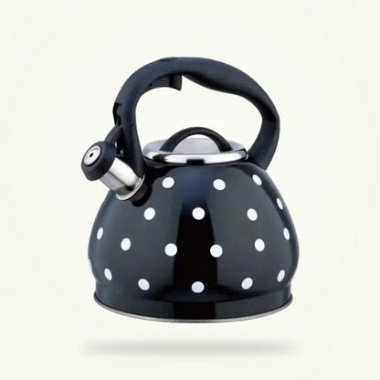 Vintage polka dot black whistling tea kettle 3.5L stainless steel on plain background