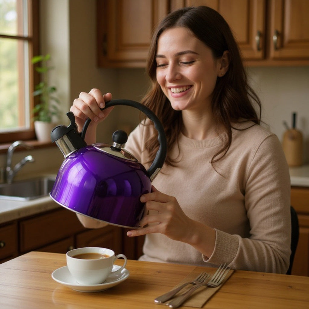 Purple stainless steel whistling kettle sitting on a gas kitchen stove