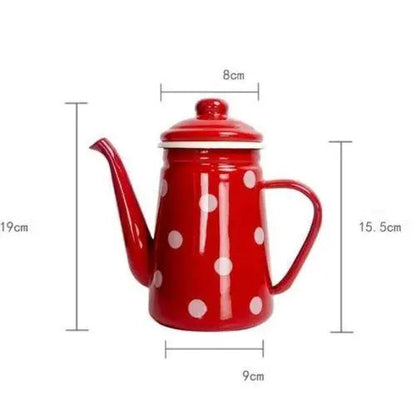 Red polka dot tea kettle size comparison next to standard mug