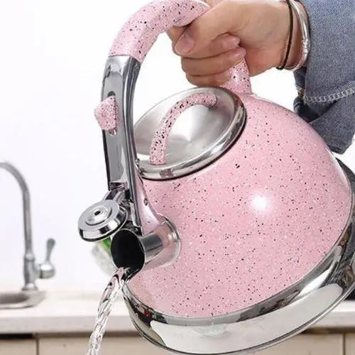 Vintage rose tea kettle heating on a gas stove