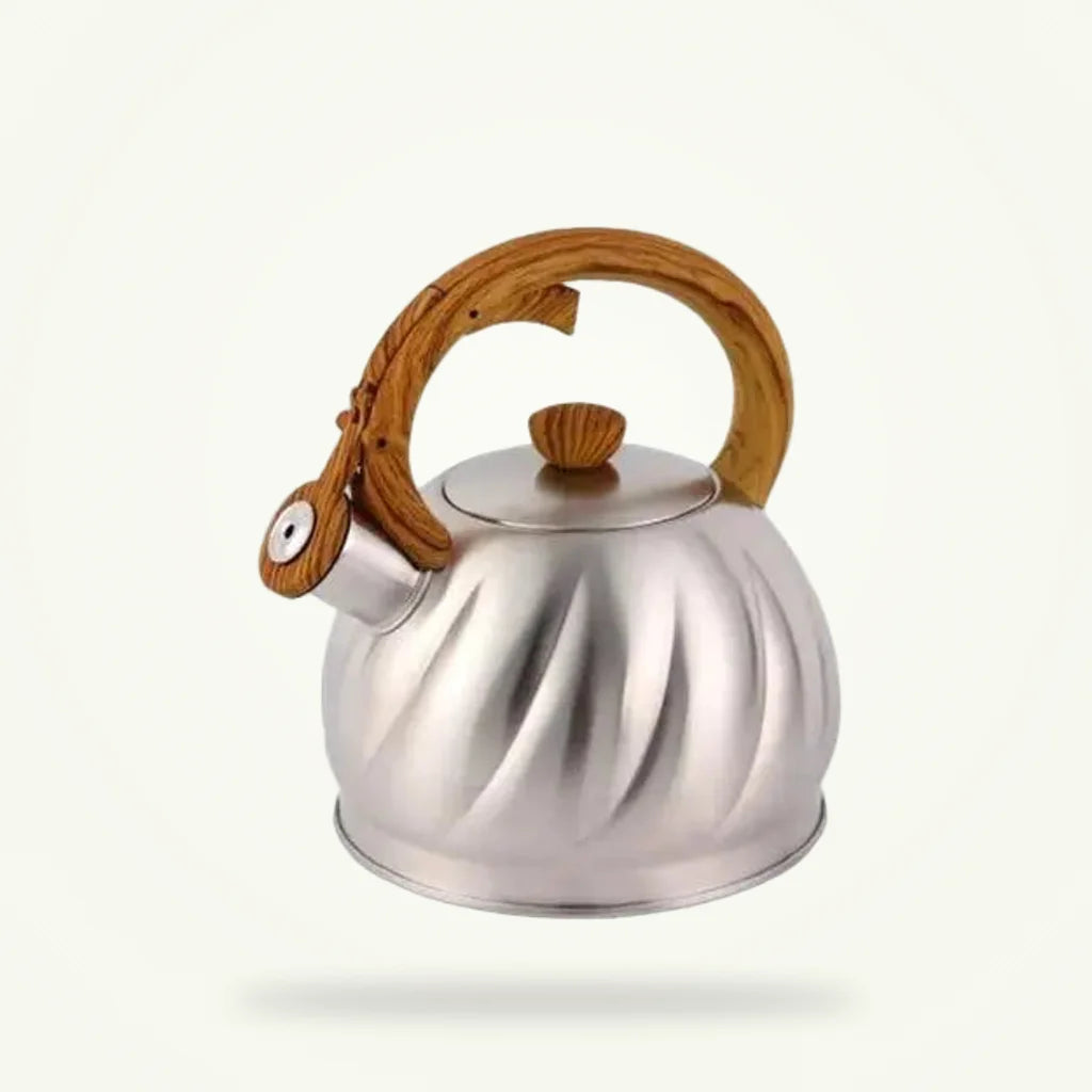 Vintage whistling induction tea kettle 1.5L stainless steel on plain background
