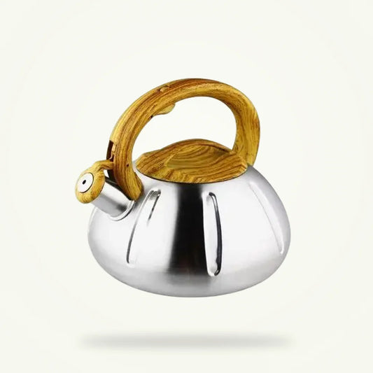 Vintage whistling tea kettle stainless steel stovetop with wooden handle, product photo on plain background
