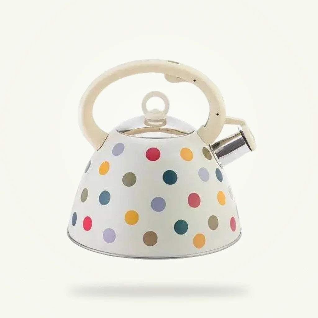 Vintage White Polka Dot Whistling Tea Kettle for Stove Top - 3L, product photo on a plain background