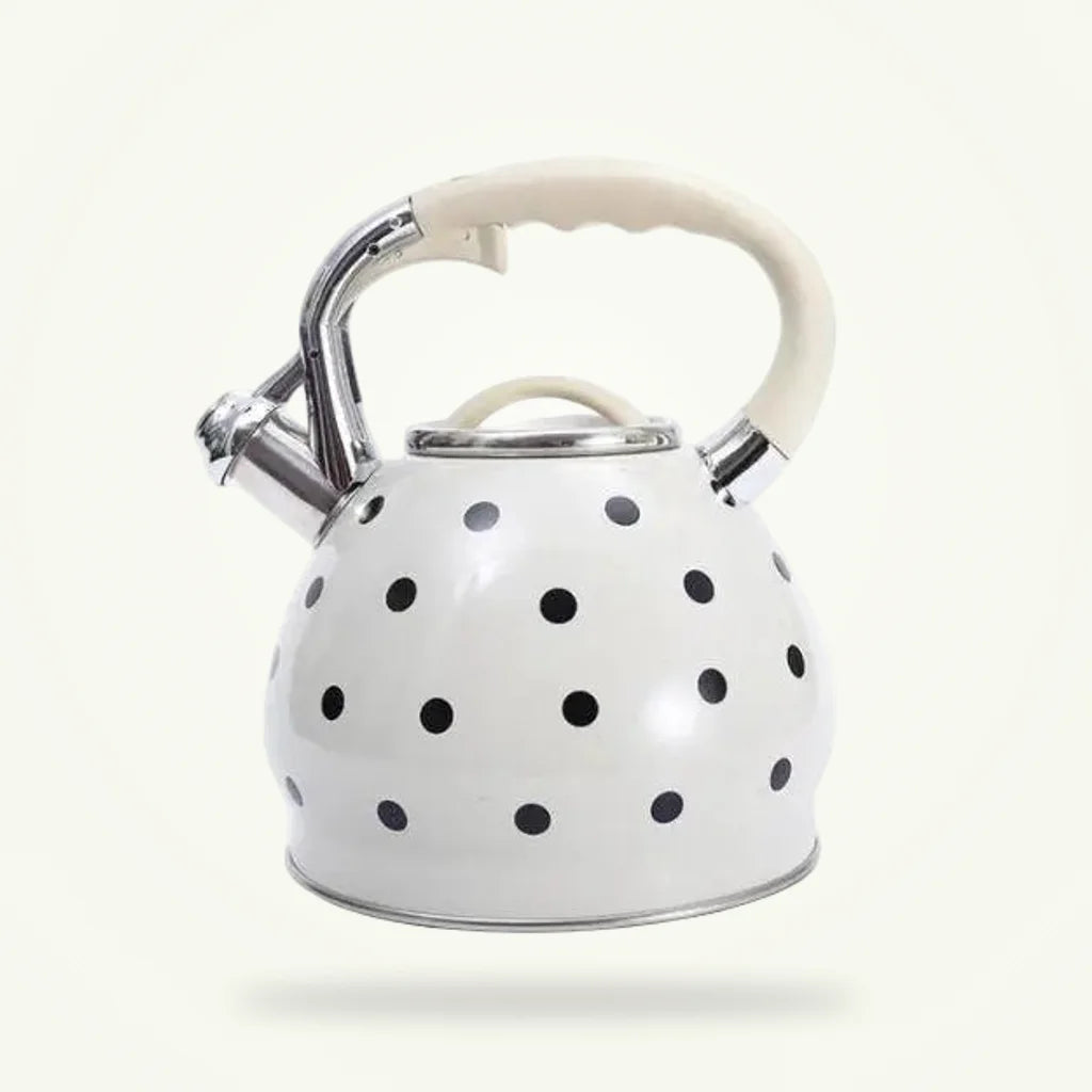 Vintage White Polka Dot Whistling Teapot - 3.5L, product photo on a plain background