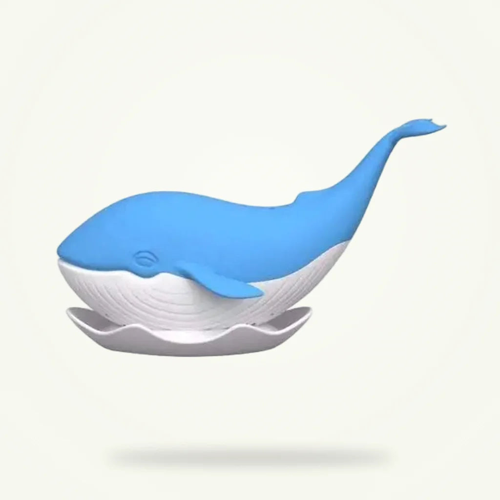 Whale silicone tea infuser for loose leaf tea, packshot on plain background