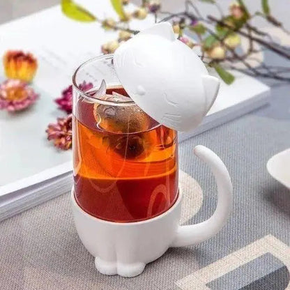 White cat glass tea cup with fish infuser full product view