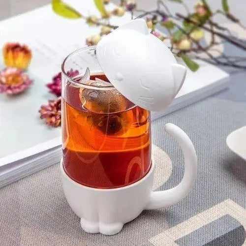 White cat glass tea cup with fish infuser full product view