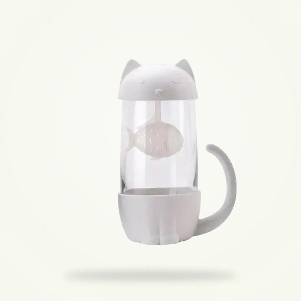 White Cat Glass Tea Cup with Fish Infuser, 10 oz, product photo on a plain background