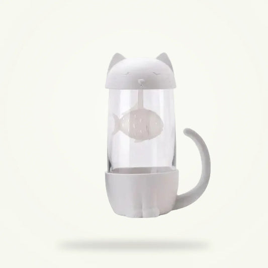 White Cat Glass Tea Cup with Fish Infuser, 10 oz, product photo on a plain background