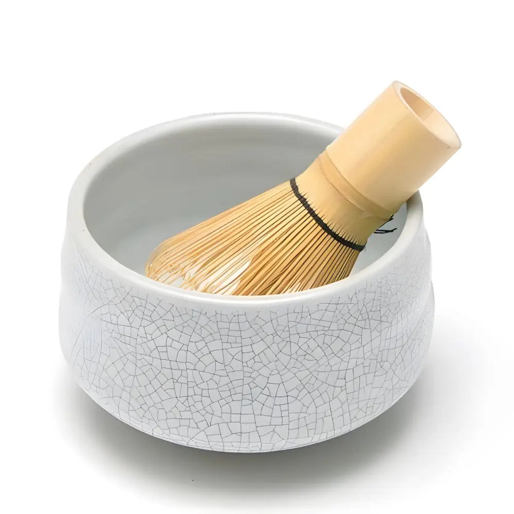 White crackle glaze chawan matcha bowl side view