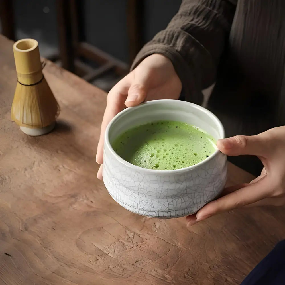 White chawan Japanese matcha bowl styled on table