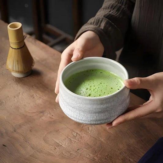 White chawan Japanese matcha bowl styled on table