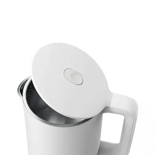 Opening the lid of white electric kettle