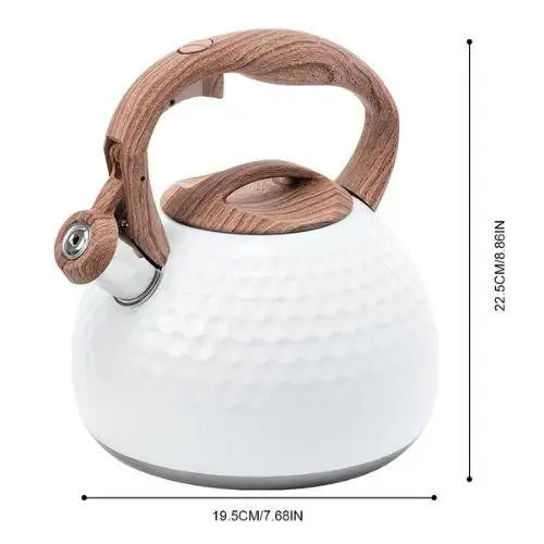 Top view of white stainless steel tea kettle showing lid and handle