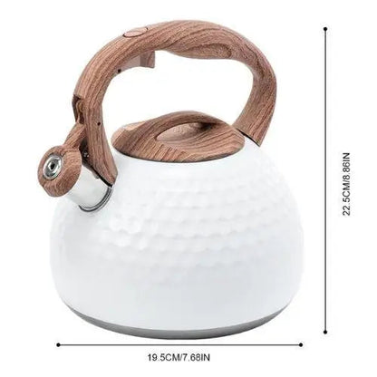 Top view of white stainless steel tea kettle showing lid and handle