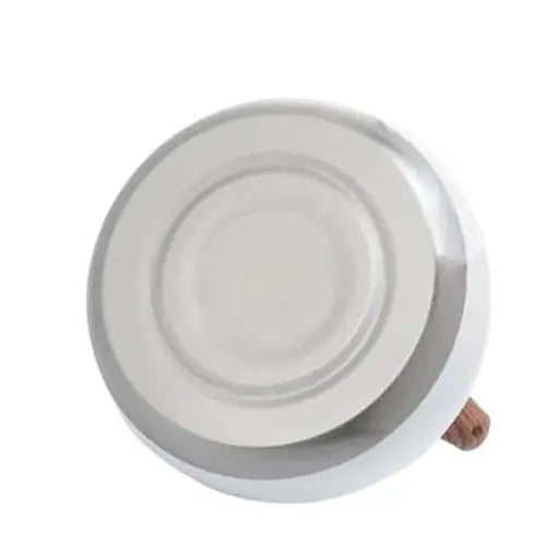 Flat magnetic base of white whistling kettle for induction stove compatibility