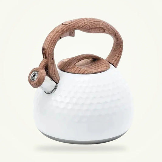 White 3-liter whistling tea kettle by Granny Lulu on plain background