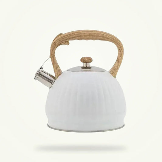 White Shell Whistling Teapot 3.5L - Vintage Stovetop Kettle, product photo on a plain background