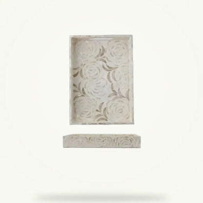 White Tea Serving Tray with Shell Inlay, product photo on a plain background