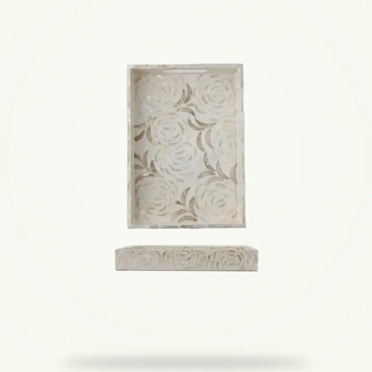White Tea Serving Tray with Shell Inlay, product photo on a plain background