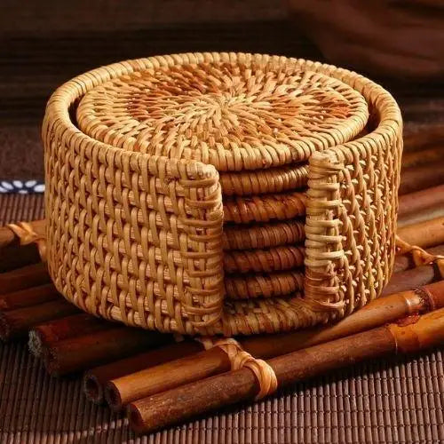 Wicker coaster set for tea cups with holder