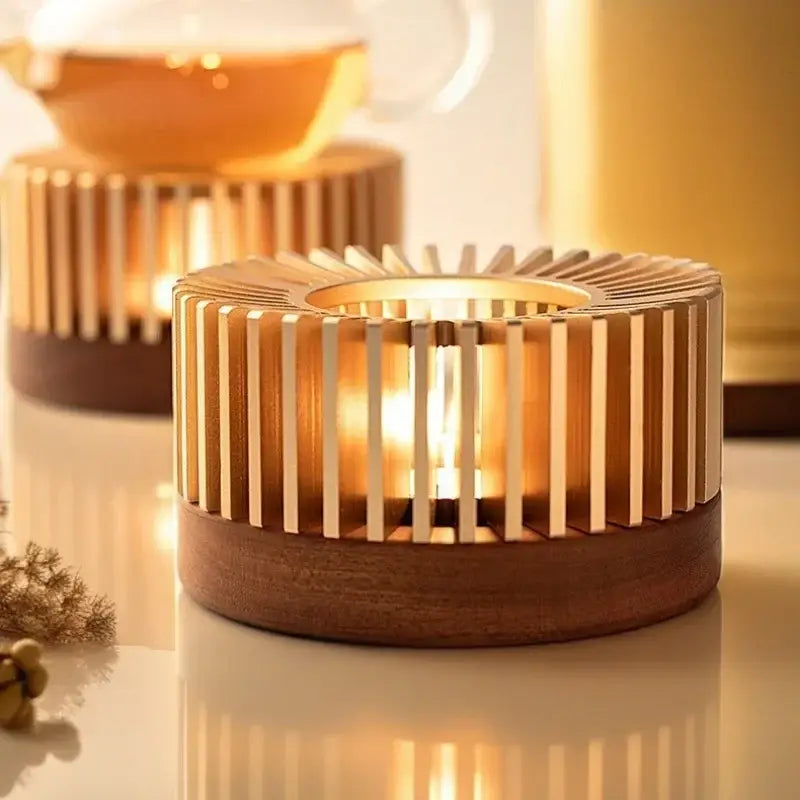 Glass teapot resting on wood and metal warmer with candle glow visible