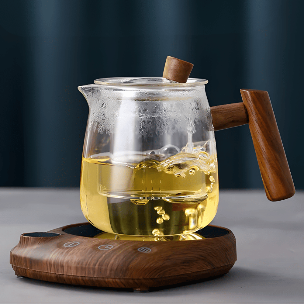 Wood-finish electric mug warmer with glass warming plate, front view