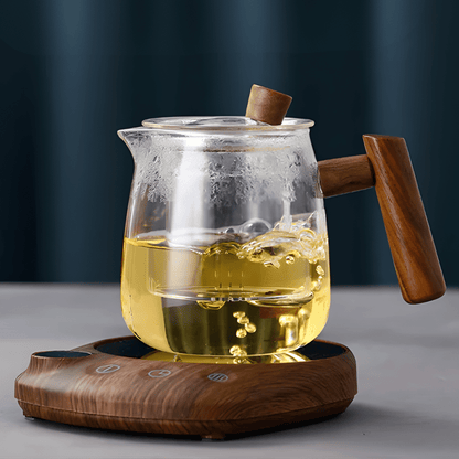 Wood-finish electric mug warmer with glass warming plate, front view