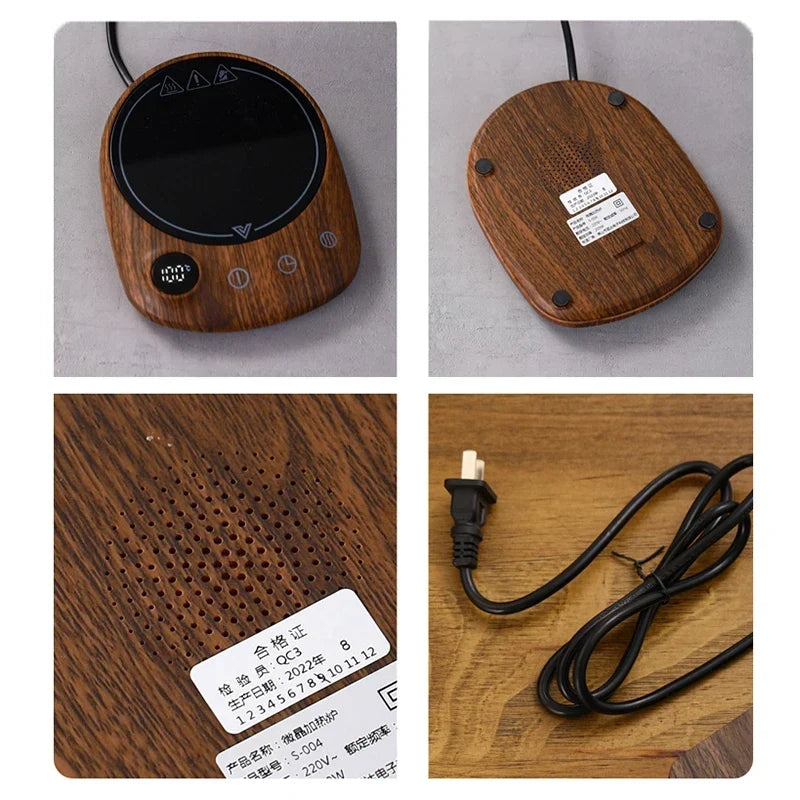 Wood electric mug warmer in use with glass mug of hot water, 5 settings visible
