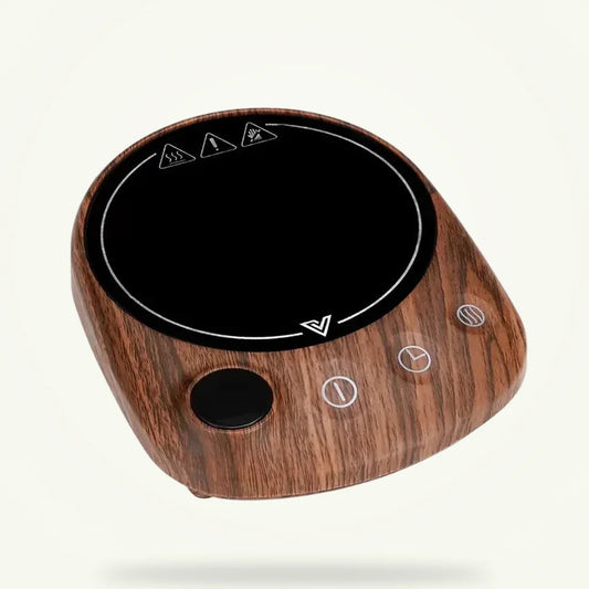 Wood electric mug warmer 100°C with 5 temperature settings, product packshot on plain background