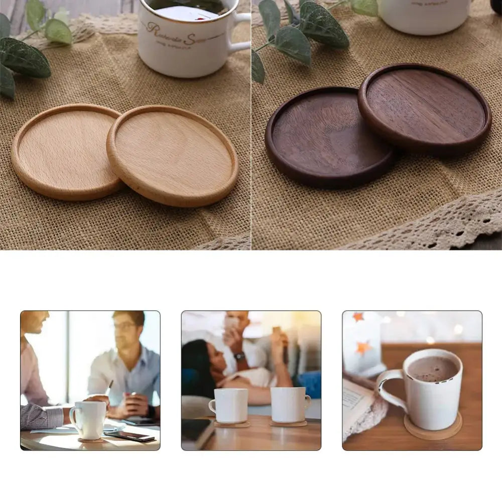 Wooden coasters protecting table from hot tea mug