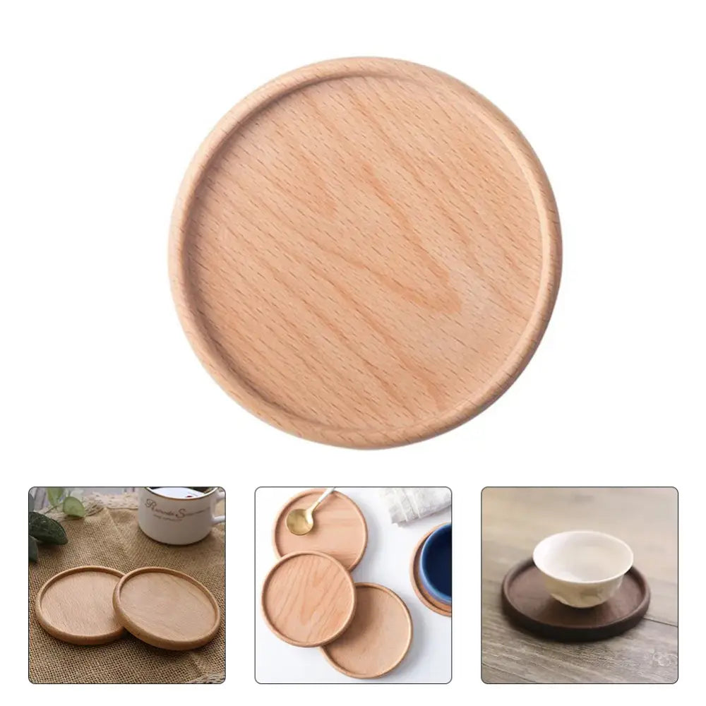 Close up of wooden coaster with tea cup