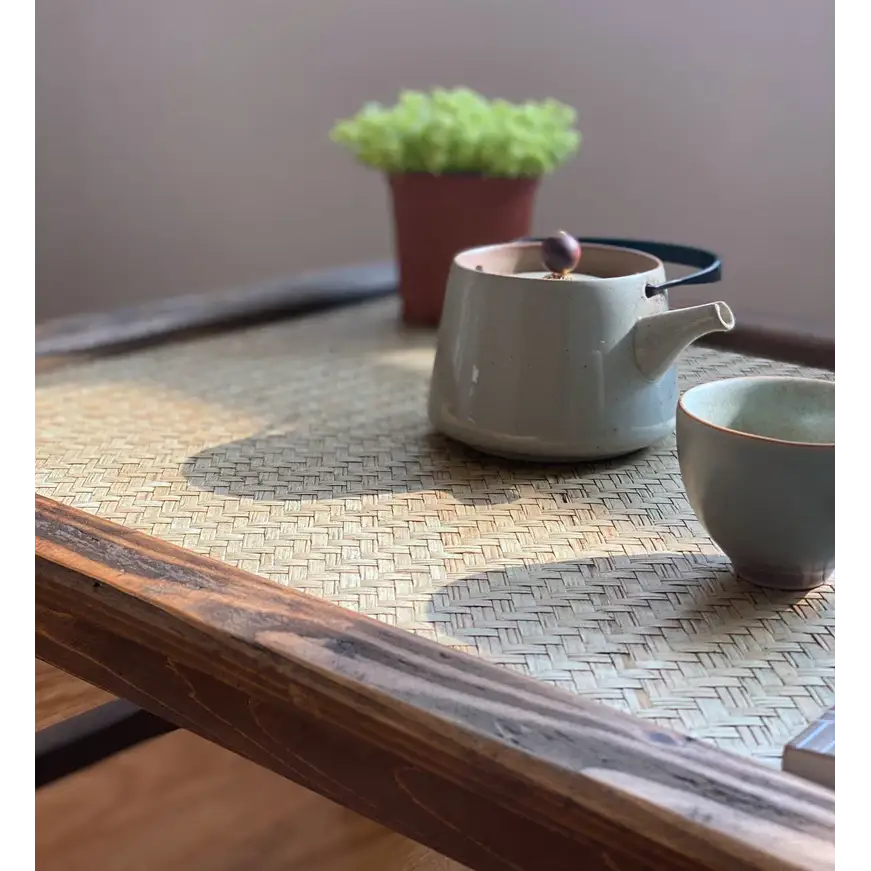 Wooden tea tray with teapot and cups