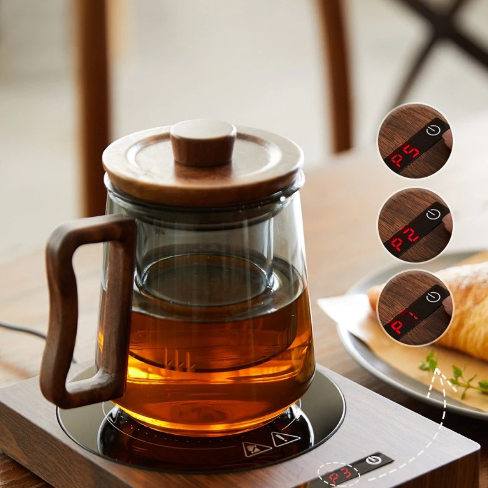 Wooden mug warmer with USB cable on a table