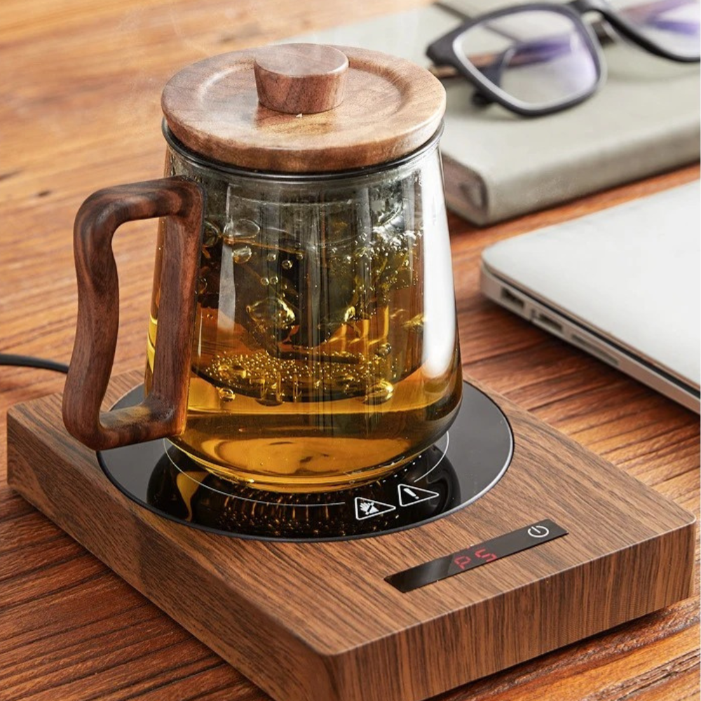 Mug warmer with a cup of tea on top