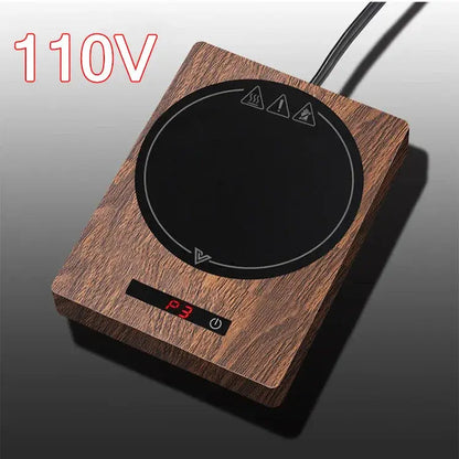 Brown wooden mug warmer on a desk